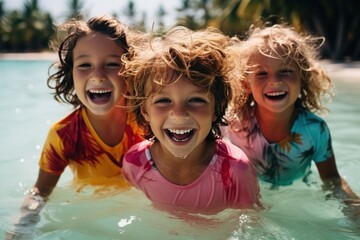 Playful Aquatic Moments: Kids Enjoying Water Park Fun and Smiles in the Outdoor Pool - obrazy, fototapety, plakaty