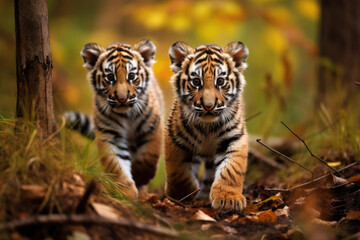 Baby Ussuri tigers in the wild - obrazy, fototapety, plakaty