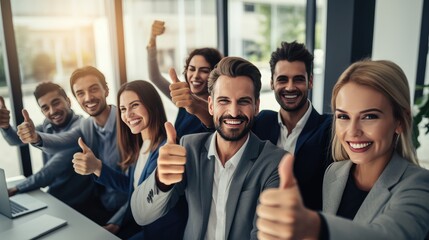 Happy, excited and diversity women and men in office teamwork, support or thank you portrait. Generative AI