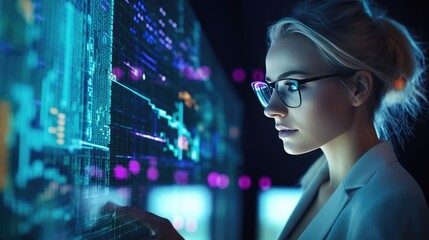 Software, coding hologram and woman thinking about data analysis, digital technology and overlay. Cybersecurity programming and research. Generative AI - Powered by Adobe