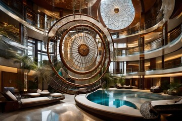 A grand, oversized dream catcher, adorned with crystals and gemstones, prominently displayed in the atrium of a luxurious spa, radiating tranquility and opulence.