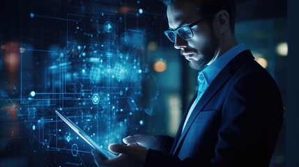 Software, coding hologram and man on tablet thinking about data analysis, digital technology and overlay. Cybersecurity programming and research. Generative AI