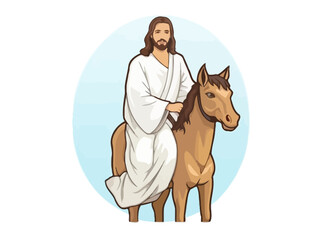 Doodle Jesus riding a donkey, cartoon sticker, sketch, vector, Illustration, minimalistic