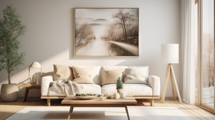 Fototapeta na wymiar Contemporary minimalism: A stylish living room with a focus on essential elements, showcasing a harmonious blend of form and function. Generative AI