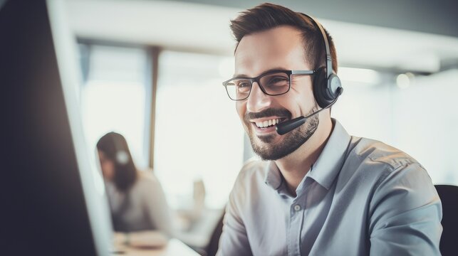 Telephone conversation, smile and male worker with contact, crm and customer service work in consulting agency. Call center and web support communication on a computer in an office. AI