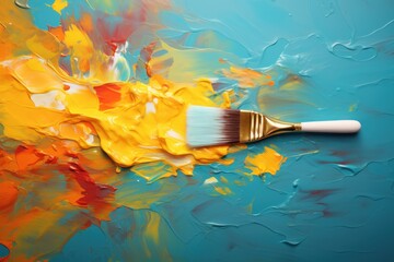 Creative Background with Paintbrush Strokes on a Vibrant Blue and Yellow Painted Canvas