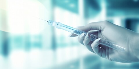 Fototapeta premium Medical Relief: A Shoulder Receiving an Injection from a Doctors Blue Gloved Hand to Combat a Cold in a White Hospital Setting