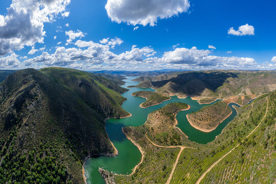 Abstract landscape of Sabor lake, Tras os Montes and Alto Douro, Portugal. Drone vision, aerial view of Serpente do Medal, Sabor River, tourist attraction and travel destination in Northern Portugal.