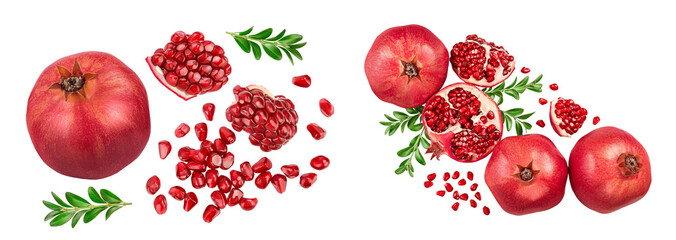 Pomegranate isolated on white background . Top view. Flat lay.