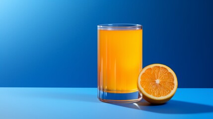 A glass of refreshing orange juice on a cobalt blue surface.