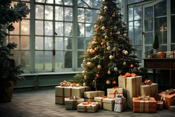 Arbol de navidad con regalos y adornos navideños