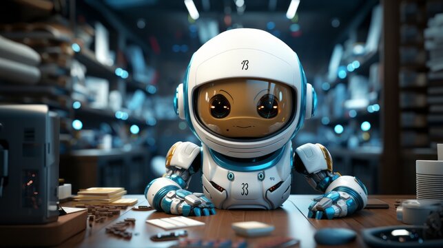 Robot sitting at office desk. Made with Generative AI.