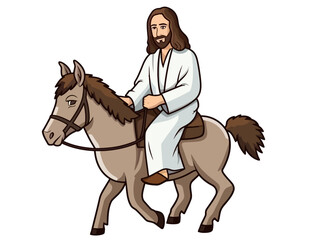 Doodle Jesus riding a donkey, cartoon sticker, sketch, vector, Illustration, minimalistic