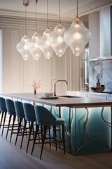 Light Blue luxury style kitchen interior with wooden table setting furniture and glass pendant lights