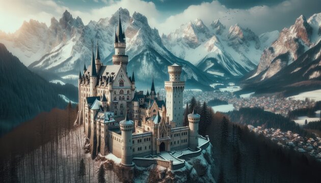 Grand European castle nestled amidst snow-capped mountains. The castle's spires reach towards the heavens, while its ramparts and parapets tell tales of ancient knights.
