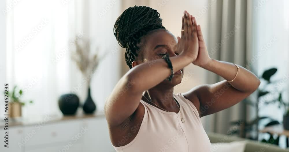 Canvas Prints Yoga, relax or black woman in prayer meditation in home studio for wellness, mindfulness or balance. Health, breathing or zen African lady in pilates for energy training, peace or holistic exercise