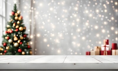 Empty table, blurred Christmas background