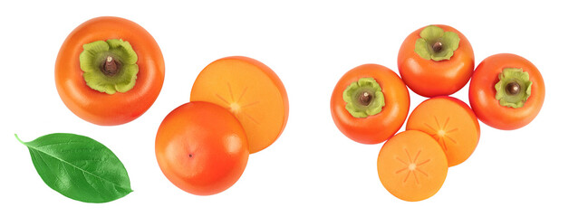 Persimmon fruit isolated on white background with full depth of field. Top view. Flat lay
