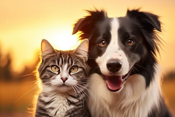 Cat and dog together with happy expressions. AI Generated