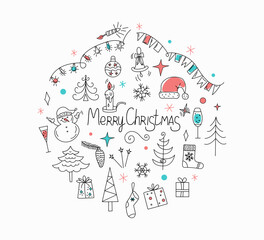 Christmas, set of hand drawn winter icons. Vector drawings for the New Year. Snowman, warm knitted clothes, sleigh, gifts, holiday decor. Doodle style. Background isolated.