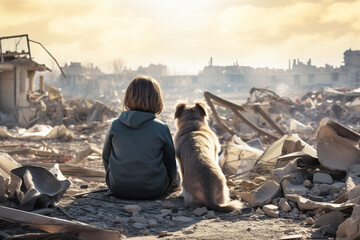 Back view of child and dog look at destroyed city rubble. Survivors of bombing or earthquake disaster - obrazy, fototapety, plakaty