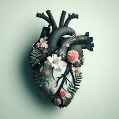 Physical Human Heart Shape Anatomy Made with Beautiful Bouquet Floral Flowers, Leaves, and Ferns on a Light Green Background, Medical, Love, and Emotion Conceept.  Good Hearted Person, Help & Charity - obrazy, fototapety, plakaty