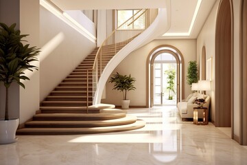 The interior design of the modern entrance hall with a staircase in the villa.