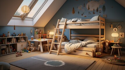 Cozy interior of child room. Natural, bright kid's bedroom interior with wooden furniture, designer accessories