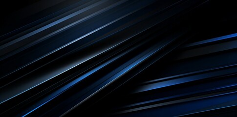 Dark black background with stripes, dark blue and black theme, featuring layered geometry and bright linear patterns and shapes,