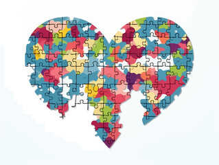 Doodle Puzzle heart with world map, cartoon sticker, sketch, vector, Illustration, minimalistic