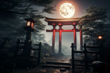 Nighttime scene of an ancient Japanese shrine enveloped in fog, featuring a traditional red torii gate and wooden lantern. Generative AI - obrazy, fototapety, plakaty