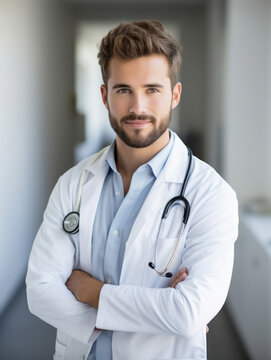 Portrait of confident male doctor standing with arms crossed in hospital corridor