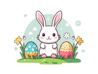 Doodle Easter Bunny in a meadow, cartoon sticker, sketch, vector, Illustration, minimalistic