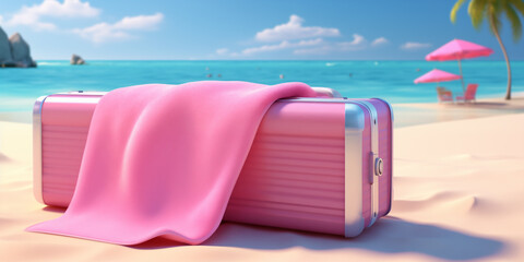 A suitcase and a pink towel on a sea beach. Retro case on the sand in an ocean cove. Fabric on a box on the beach while vacationing at a resort. Travel card cover about traveling. Travel luggage