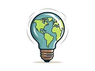 Doodle Light bulb with earth, cartoon sticker, sketch, vector, Illustration, minimalistic