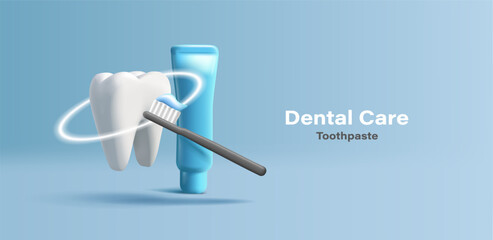 3D illustration of a tooth with blue tooth paste tube and black brush, dental care composition