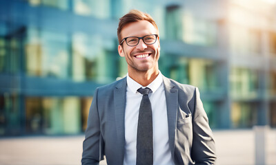Fototapeta premium Businessman outside office, smiling