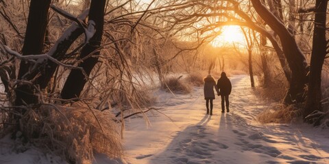 Two People Strolling Along an Icy Path Through Snow-Covered Branches, Confronting a Blizzard, Snowstorm, Frost, and the Icy Grasp of Winter