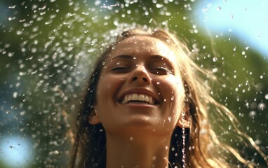 Water splashes on a sunny background and a woman with water beading off her face