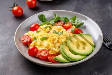 Scrambled eggs with cherry tomatoes and avocado.