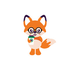 cartoon angry fox illustration with cup of coffee and glasses