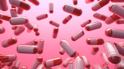 medical capsules and tablets on pink background.