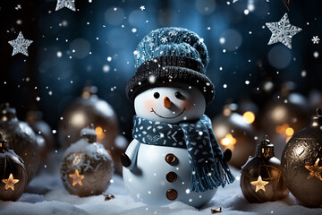 A cheerful snowman in a hat and scarf meets the festive Christmas night on a dark blue background with bokeh and holiday decor. Merry Christmas and Happy New Year. Close up. Generative Al..