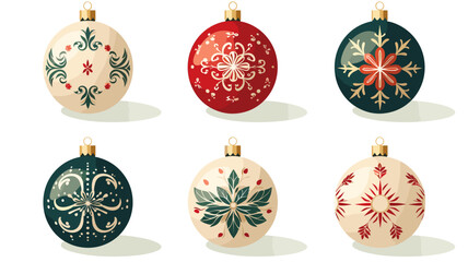 flat 2D vector illustration set, beautiful decorated christmas bauble isolated on white background. Set of beautiful Christmas decoration. Christmas elements, design for Christmas card, greeting card 