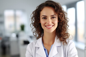 Fototapeta premium Young white woman wearing doctor uniform and stethoscope with a happy smile. Lucky person
