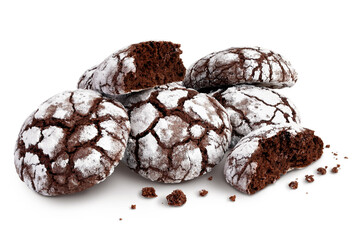 Chocolate brownie cookie broken isolated on white background with full depth of field