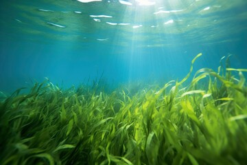 Fototapeta na wymiar Underwater view of a group of seabed with green seagrass.