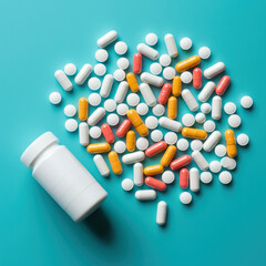 White and yellow medical pills are pouring out of a medicine bottle on a blue background.