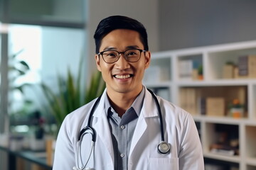 Young Filipino handsome man wearing doctor uniform and stethoscope with a happy smile. Lucky person - obrazy, fototapety, plakaty
