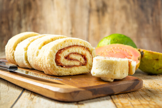 traditional 'rocambole de goiabada' or swiss roll with guava.